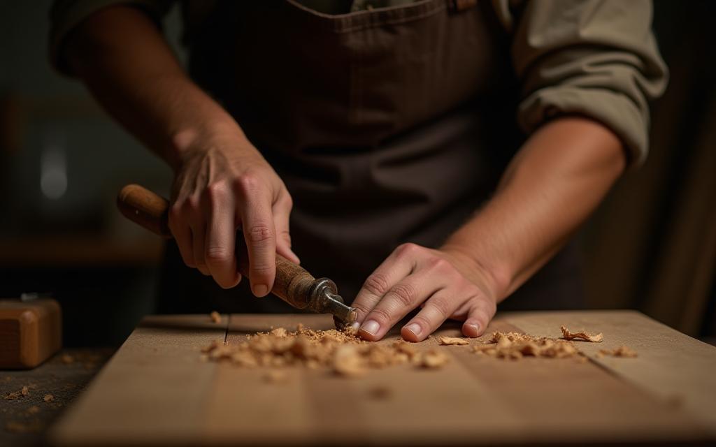 Skilled artisan meticulously crafting a wooden table, showcasing dedication and traditional techniques.