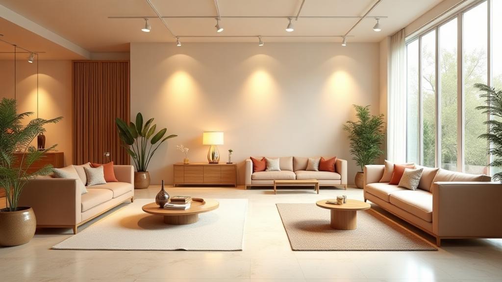 Interior view of a well-lit furniture showroom, displaying a range of handmade pieces.