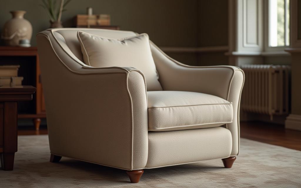 Comfortable upholstered armchair with intricate details, showcasing superior craftsmanship and fabric quality.